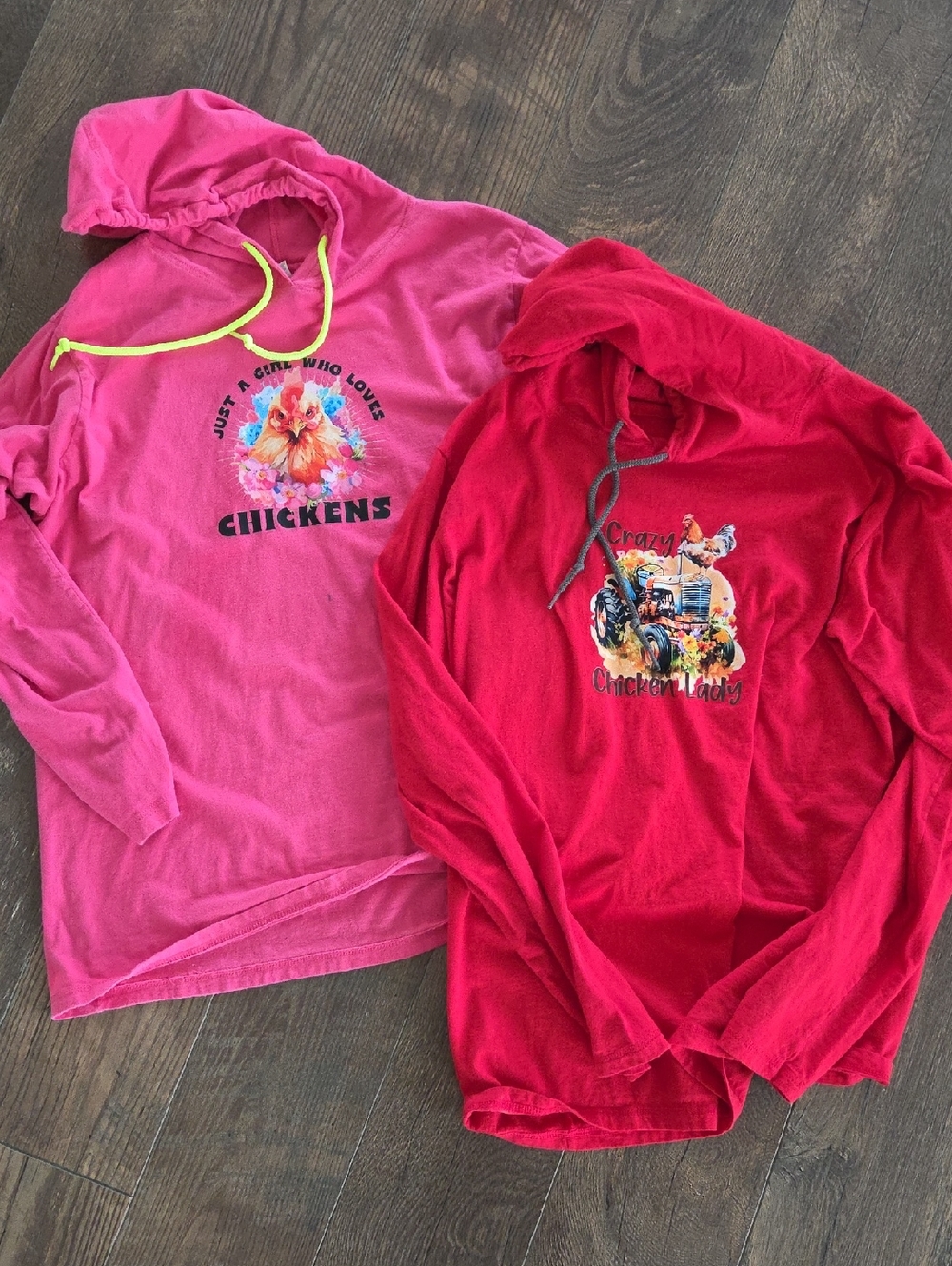 Pink & Red Hooded Long-Sleeve Womens Tops - Chicken Graphic